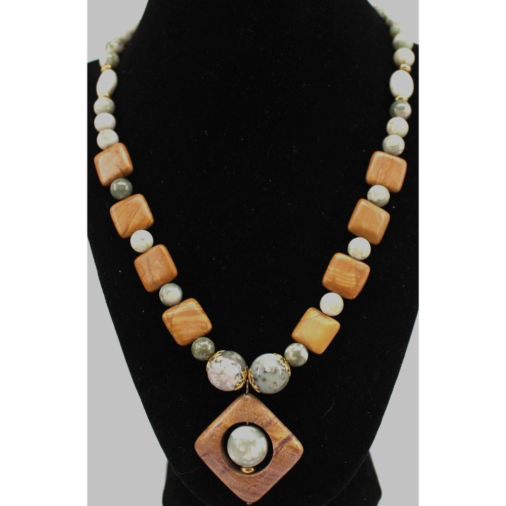 Wood & Jasper Bead Necklace 19" • Gray Moss Green Cream Gold Tone